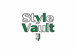 A white background with the words Style Vault with white and green letters with a black outline